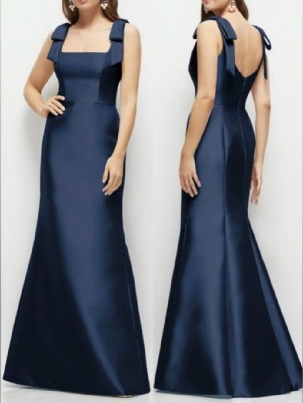ALFRED SUNG bow Strap Satin twill Trumpet In Midnight Navy Gown 14R